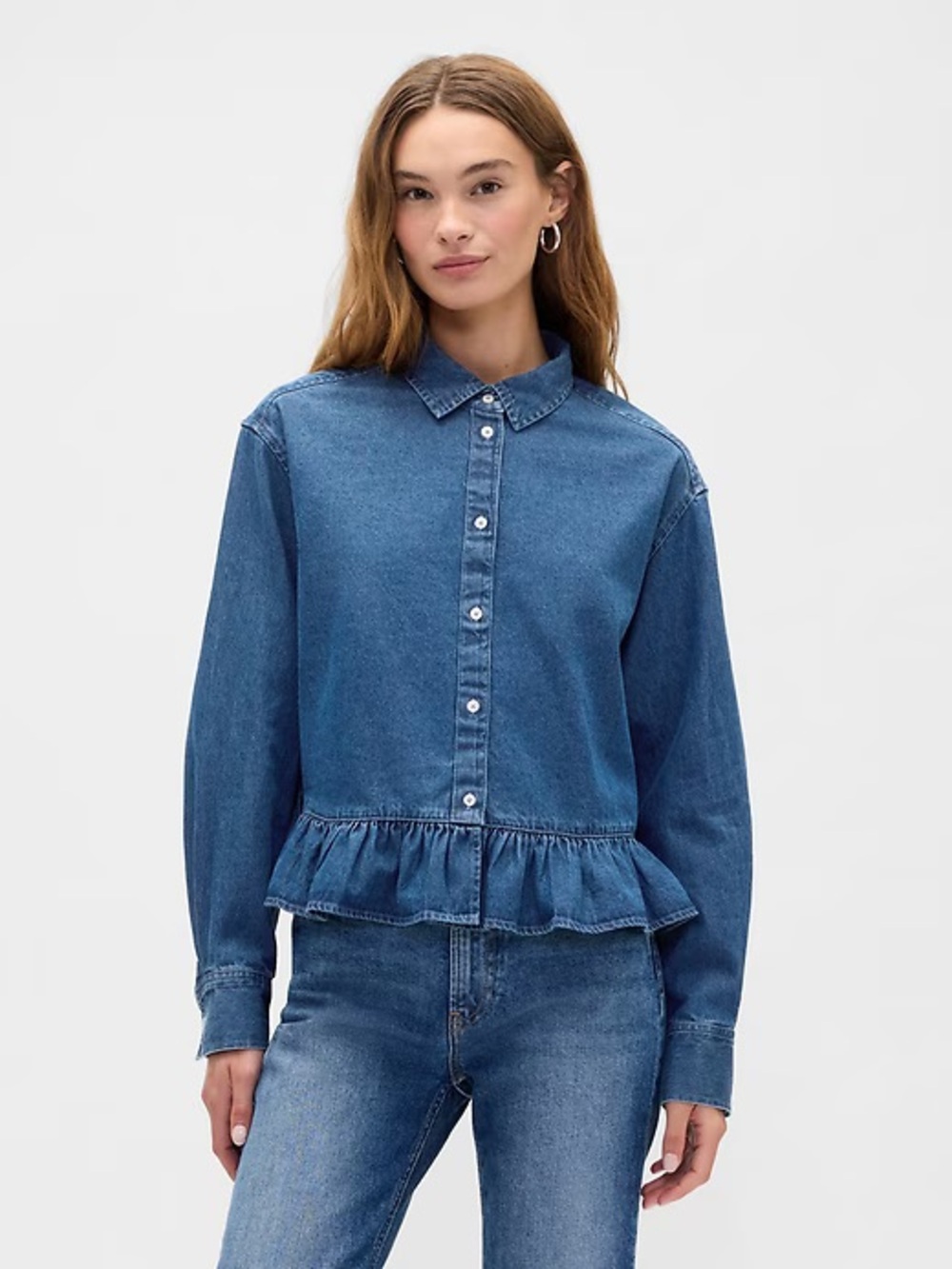 Gap Relaxed Cropped Poplin Peplum Shirt Denim Jean Long Sleeve Collared